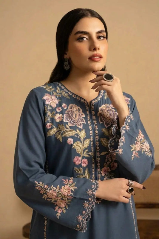 2-Piece Embroidered Dhanak Suit — Amber Rust (Intricate Neckline)