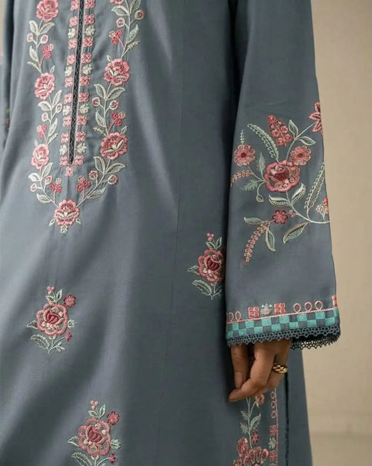 2-Piece Embroidered Dhanak Suit — Charcoal Black