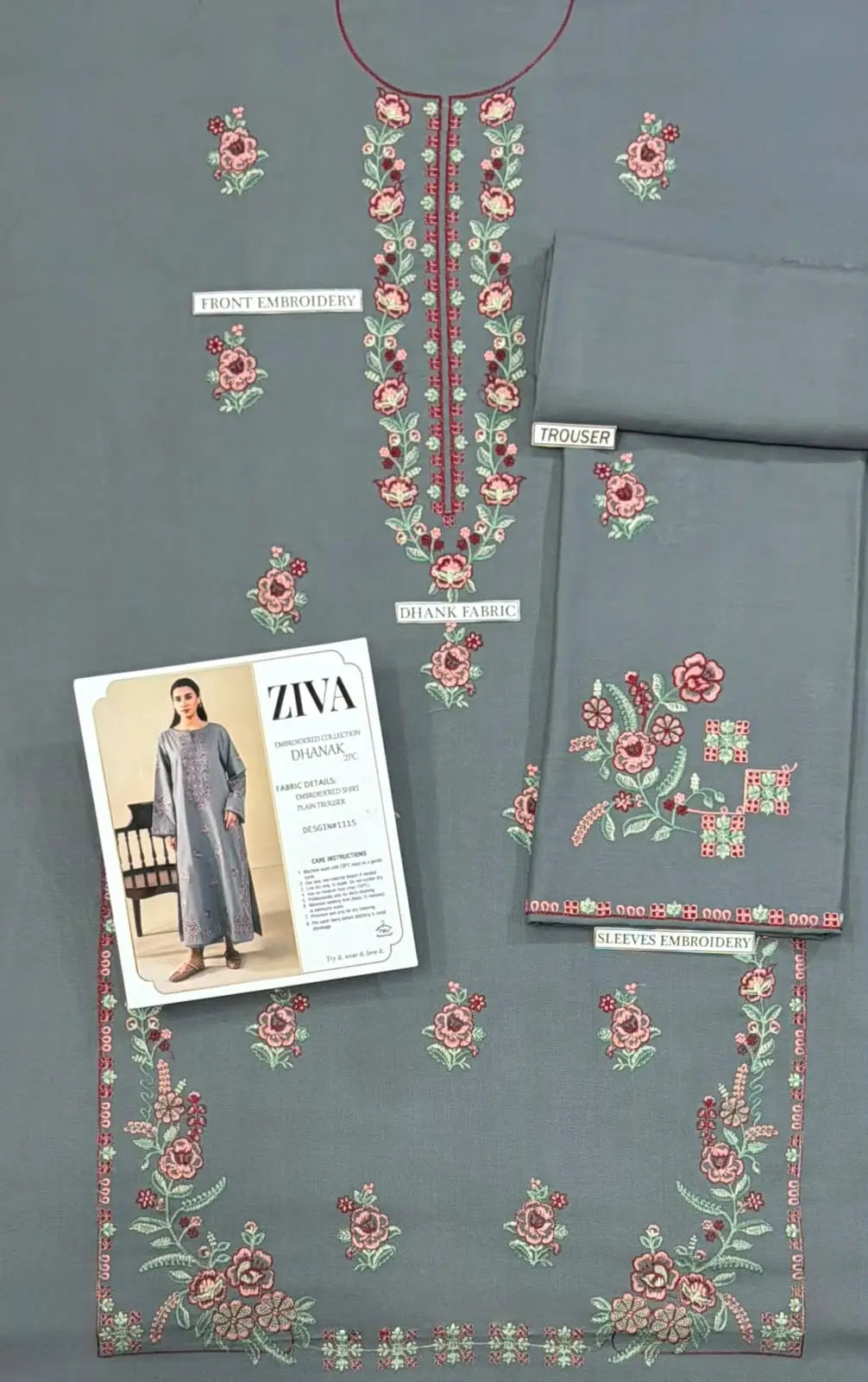 2-Piece Embroidered Dhanak Suit — Charcoal Black