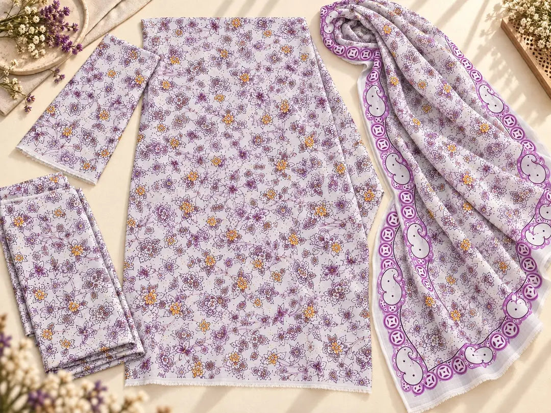 3-Piece Printed Khaddar Suit — Lilac Floral