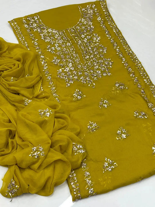 Minni Mow — 2-Piece Luxury Unstitched Pure Chiffon Festive Handcrafted Gota Work Suit (Emerald Green)