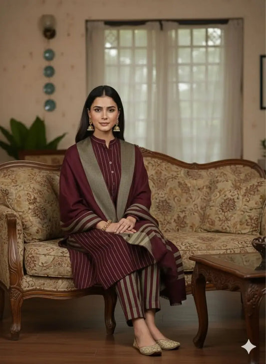3-Piece Heavy Dhanak & Pashmina Shawl Suit — Crimson Maroon