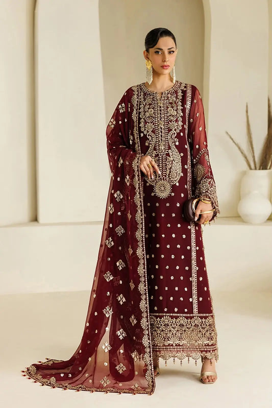 3-Piece Festive Chiffon Suit — Amber Rust (Paisley Needlework)