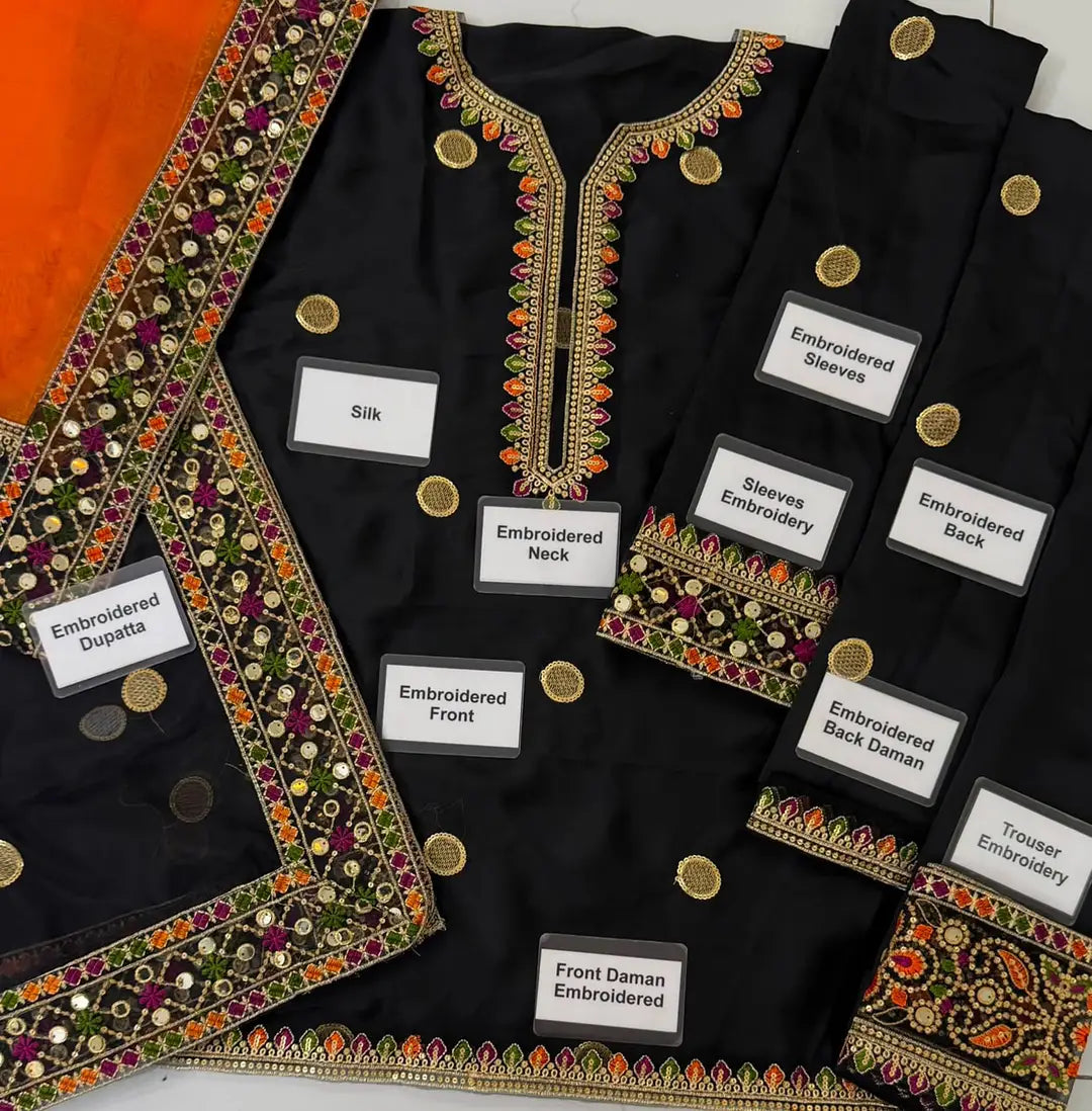 3-Piece Shamoz Silk Suit — Black & Gold Zari