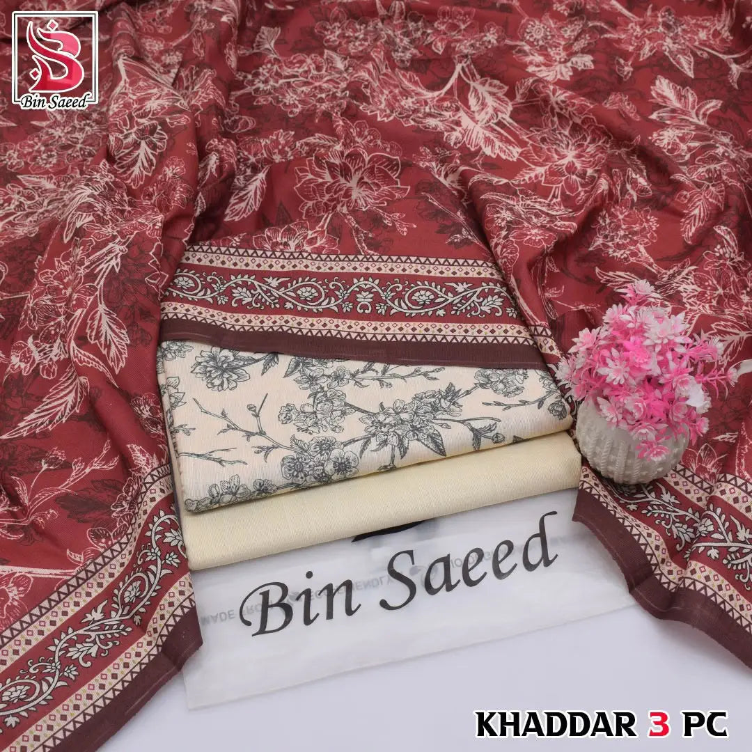 3-Piece Printed Khaddar Suit — Slate Grey