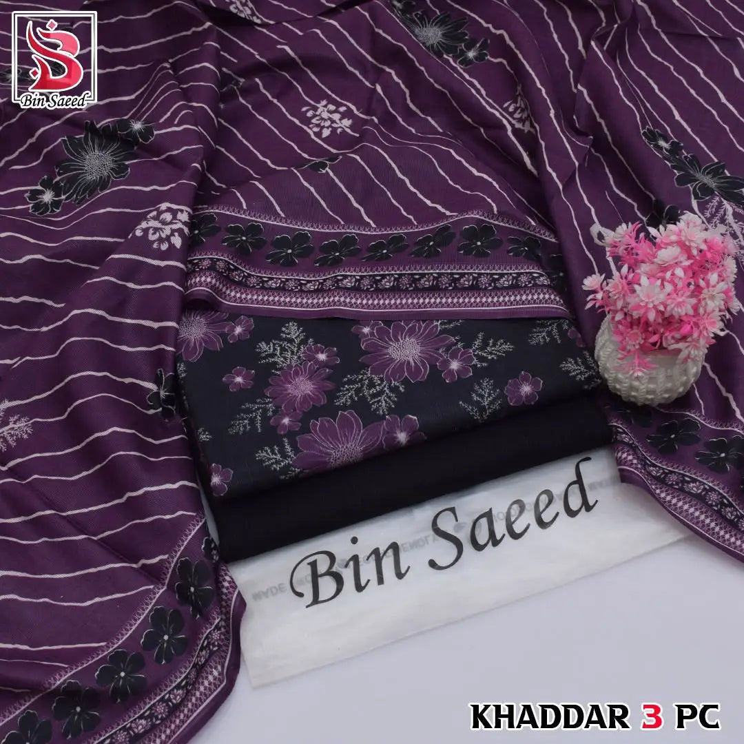 3-Piece Printed Khaddar Suit — Jet Black