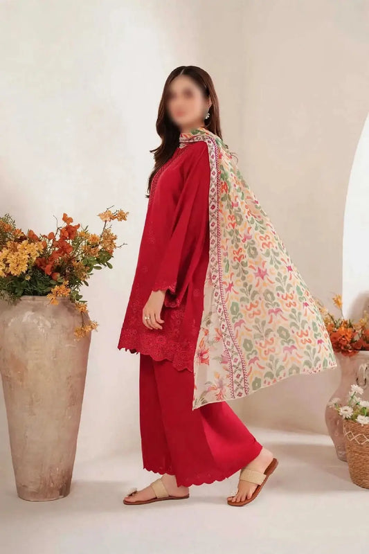 3-Piece Dhanak & Pashmina Shawl — Crimson Scarlet (Chikankari Daman)