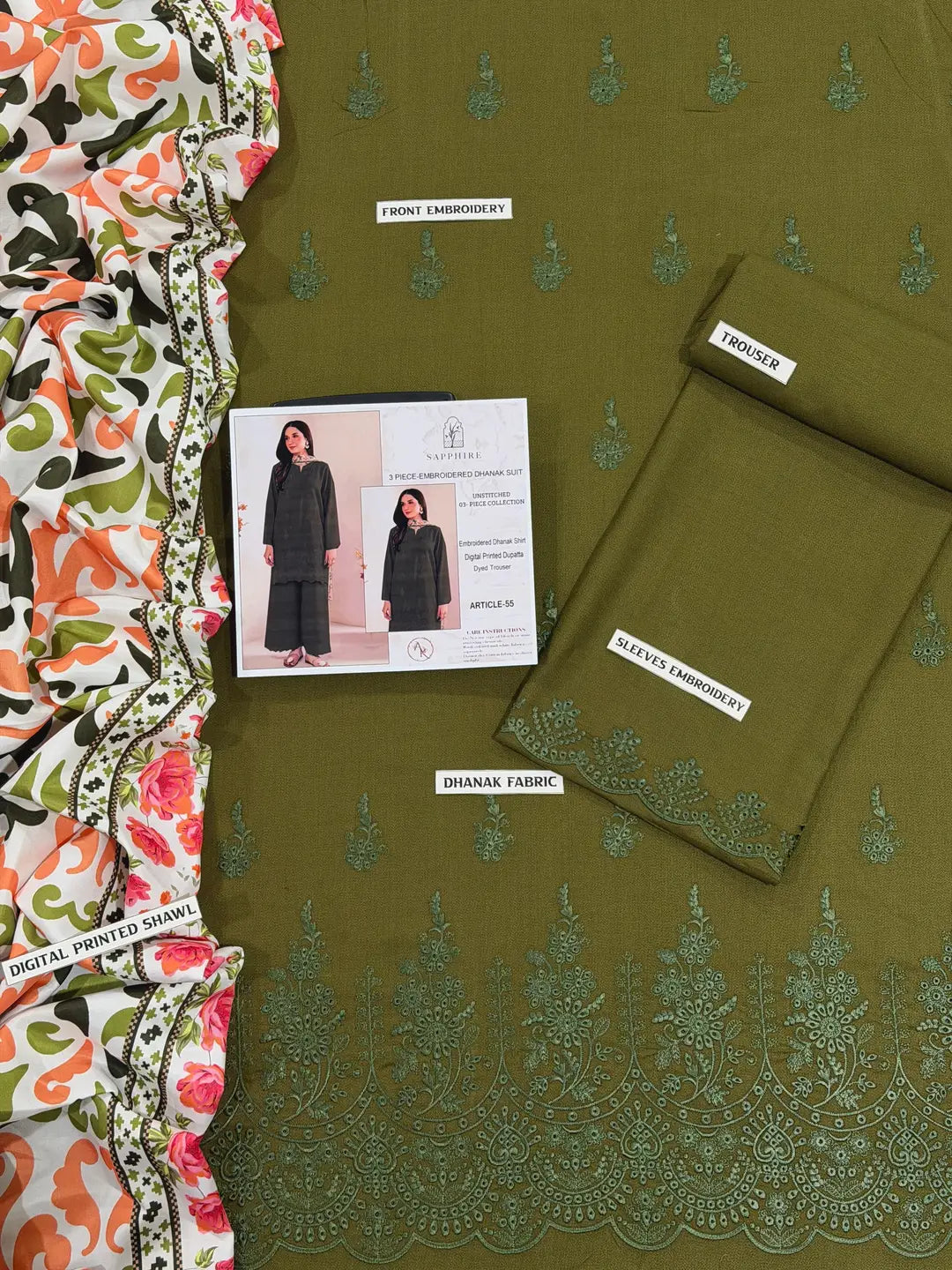3-Piece Dhanak & Pashmina Shawl — Olive Moss