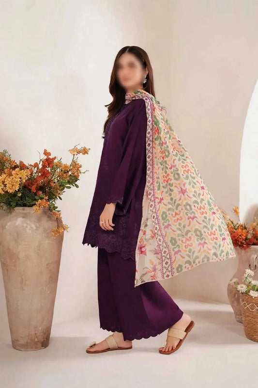 3-Piece Dhanak & Pashmina Shawl — Plum Violet (Chikankari Daman)