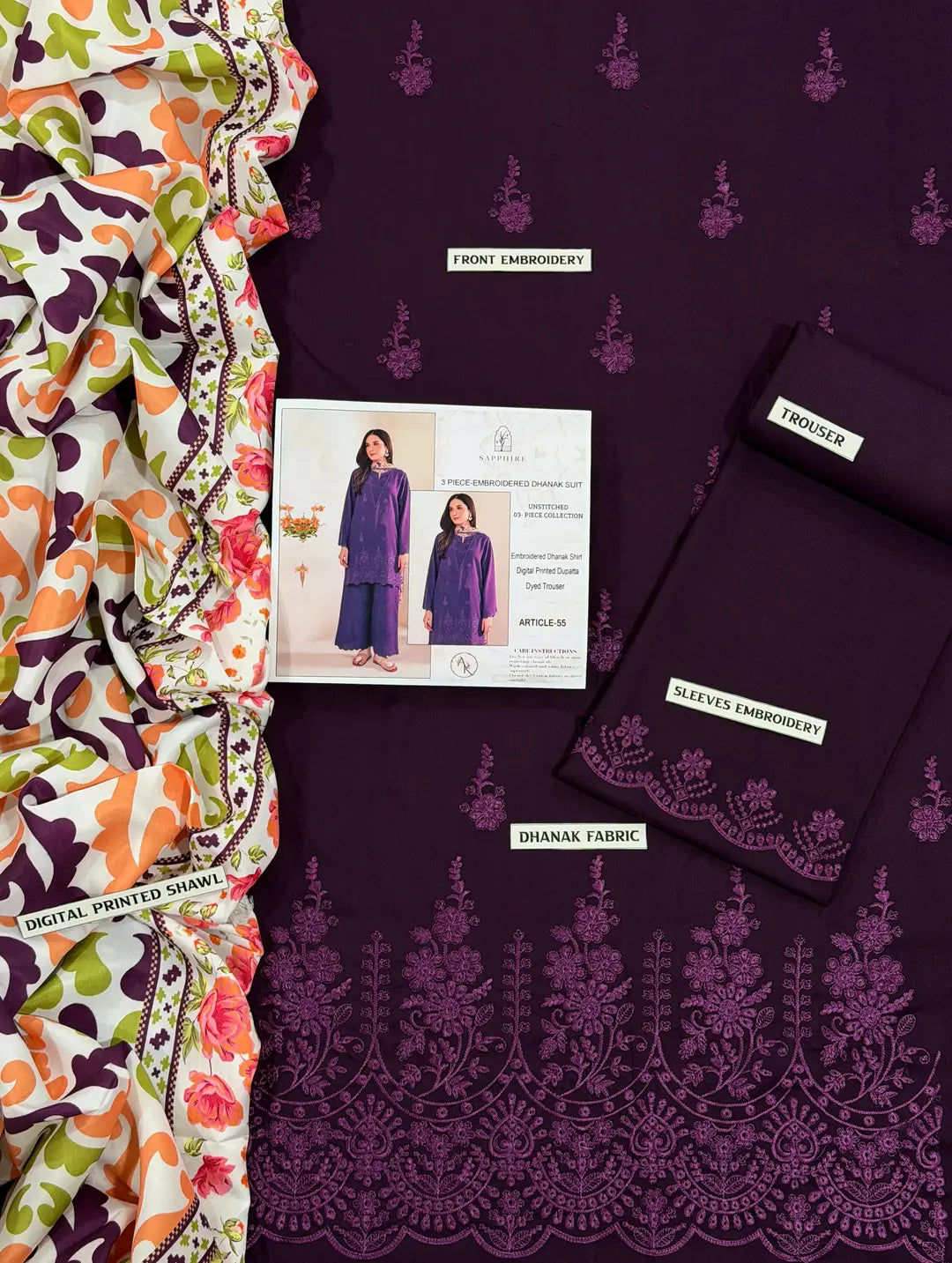 3-Piece Dhanak & Pashmina Shawl — Plum Violet