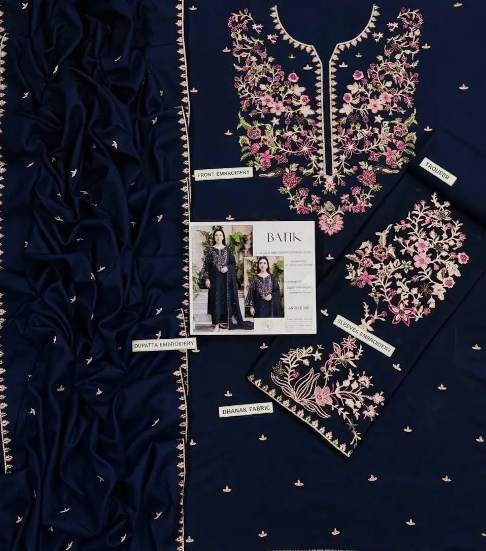 3-Piece Dhanak & Chiffon Dupatta — Midnight Navy