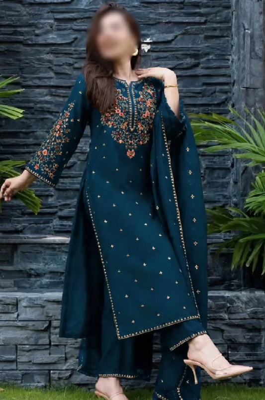 3-Piece Dhanak & Chiffon Dupatta — Peacock Teal