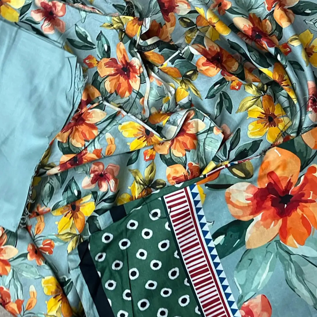 3-Piece Digital Printed Winter Linen Suit — Teal Meadow
