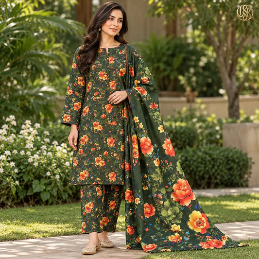 3-Piece Artisanal Digital Print Winter Khaddar Suit — OSK-06 (Mocha Sand)