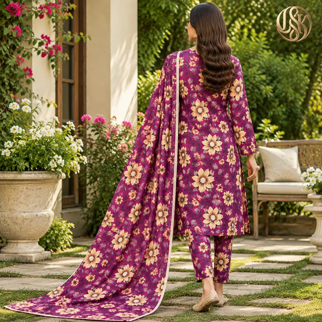 3-Piece Artisanal Digital Print Winter Khaddar Suit — OSK-10 (Plum Amethyst)