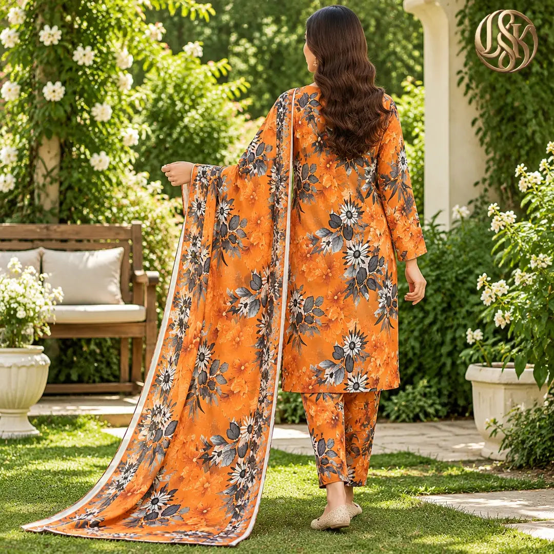 3-Piece Artisanal Digital Print Winter Khaddar Suit — OSK-02 (Rust Terracotta)