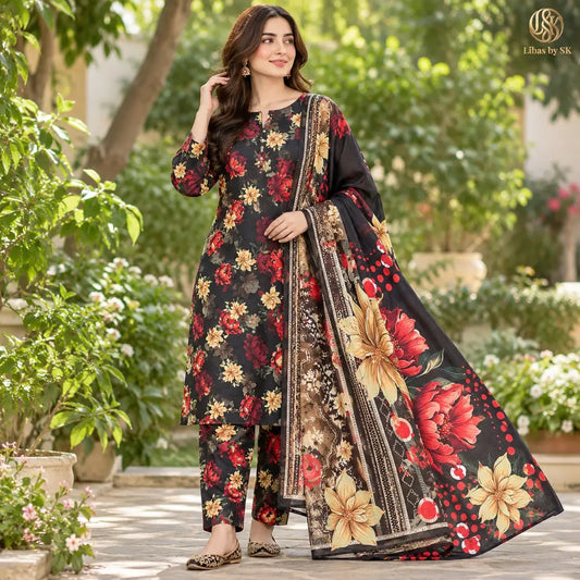 3-Piece Artisanal Digital Print Winter Khaddar Suit — OSK-12 (Sunset Ochre)