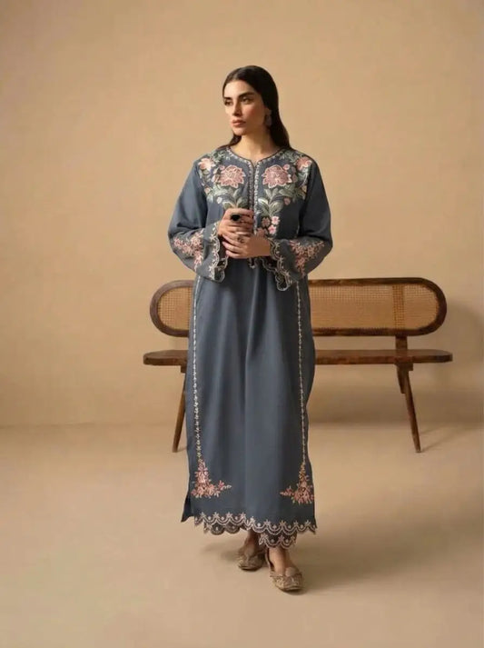 2-Piece Embroidered Dhanak Suit — Amber Rust (Intricate Neckline)