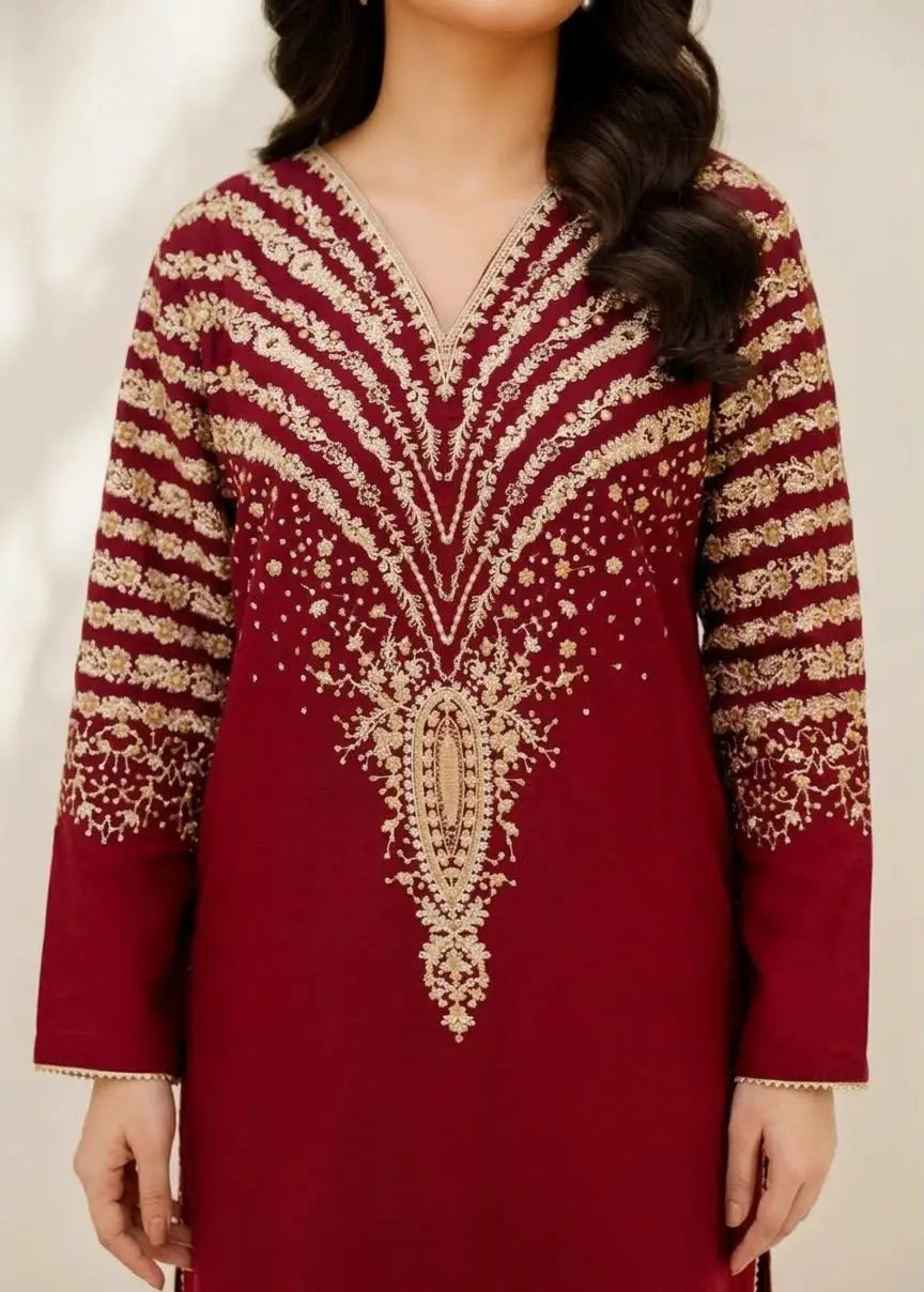 2-Piece Embroidered Dhanak Suit — Scarlet Ruby