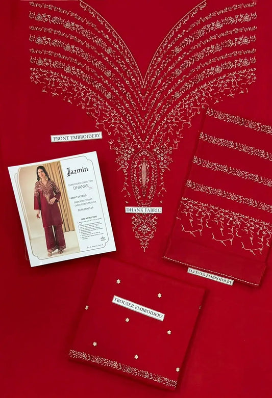 2-Piece Embroidered Dhanak Suit — Ruby Crimson