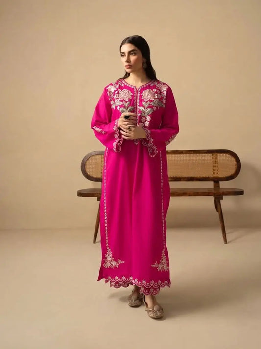 2-Piece Embroidered Dhanak Suit — Amber Rust (Paisley Needlework)