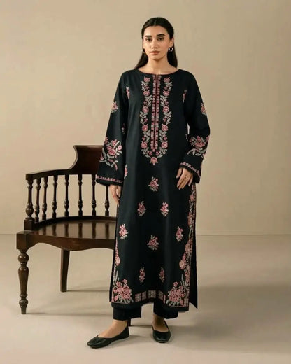 2-Piece Embroidered Dhanak Suit — Mustard Ochre