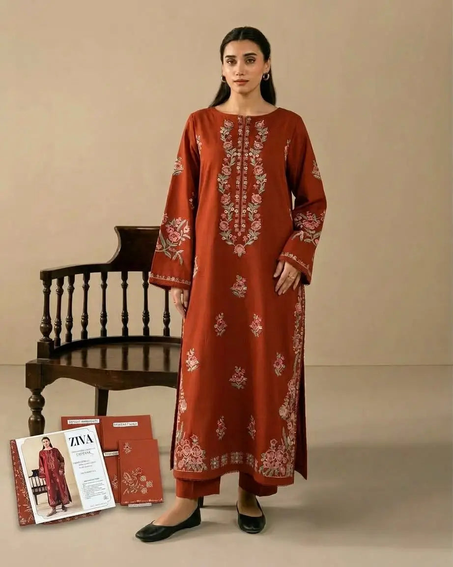 2-Piece Embroidered Dhanak Suit — Ruby Crimson