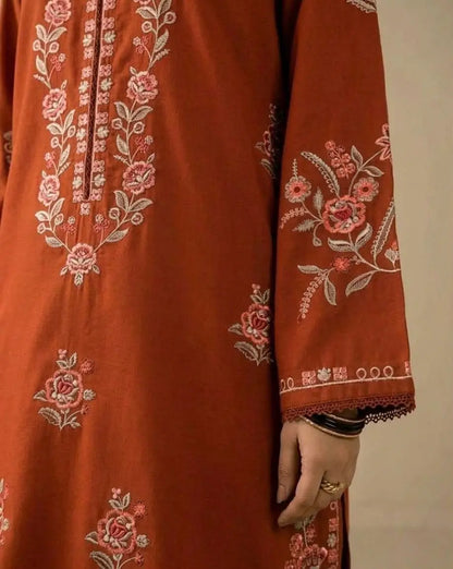 2-Piece Embroidered Dhanak Suit — Ruby Crimson