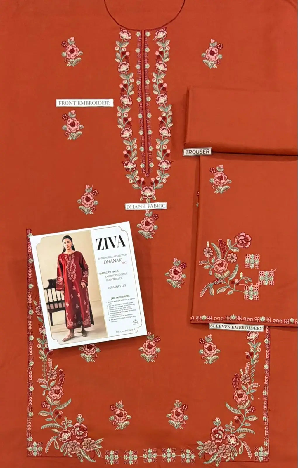 2-Piece Embroidered Dhanak Suit — Ruby Crimson