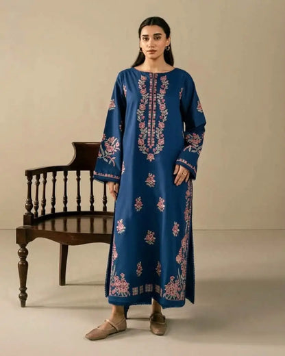 2-Piece Embroidered Dhanak Suit — Royal Navy