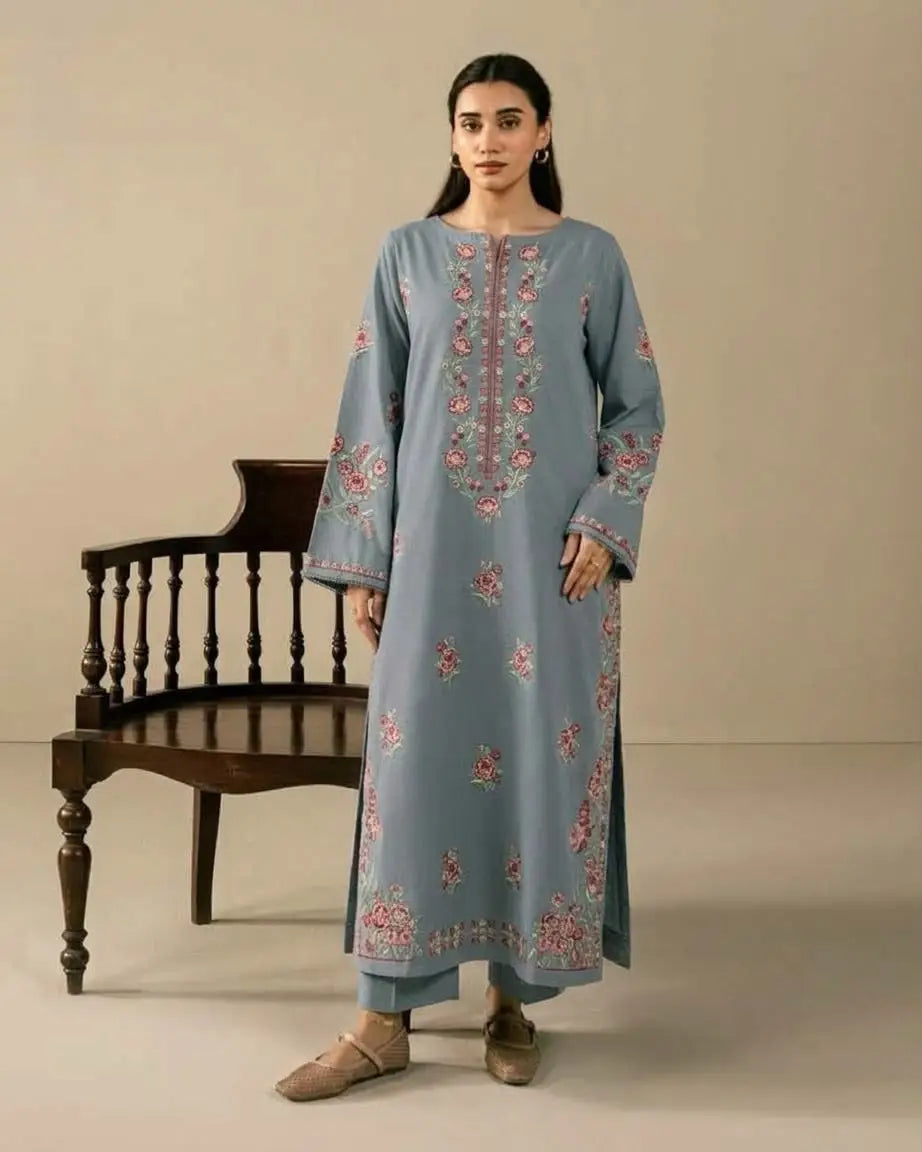2-Piece Embroidered Dhanak Suit — Charcoal Black