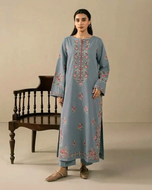2-Piece Embroidered Dhanak Suit — Charcoal Black