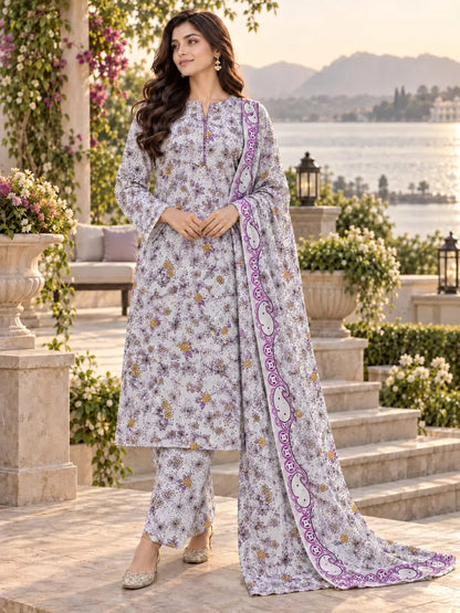 3-Piece Printed Khaddar Suit — Lilac Floral