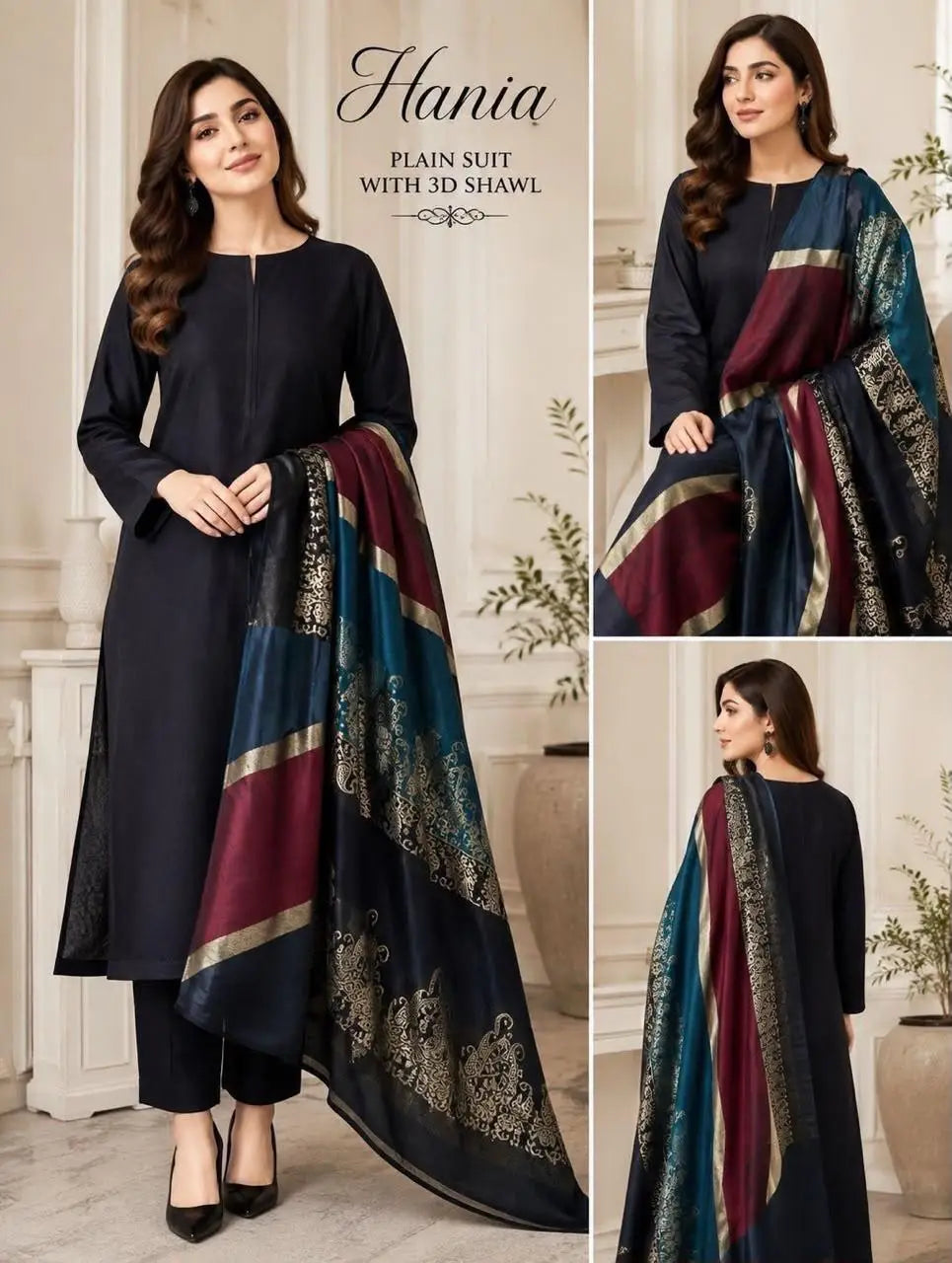 3-Piece Dhanak & Wool Shawl Suit — Jet Noir