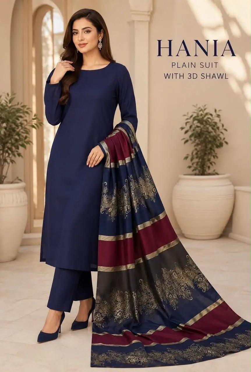 3-Piece Dhanak & Wool Shawl Suit — Sapphire Blue