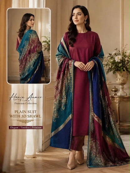 3-Piece Dhanak & Wool Shawl Suit — Royal Maroon