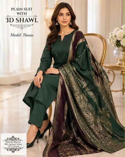 3-Piece Dhanak & Wool Shawl Suit — Emerald Pine
