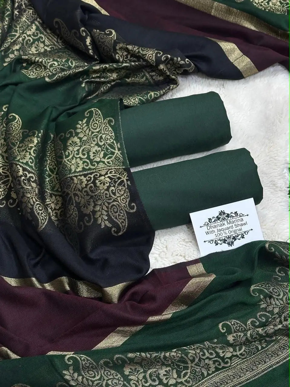 3-Piece Dhanak & Wool Shawl Suit — Emerald Pine