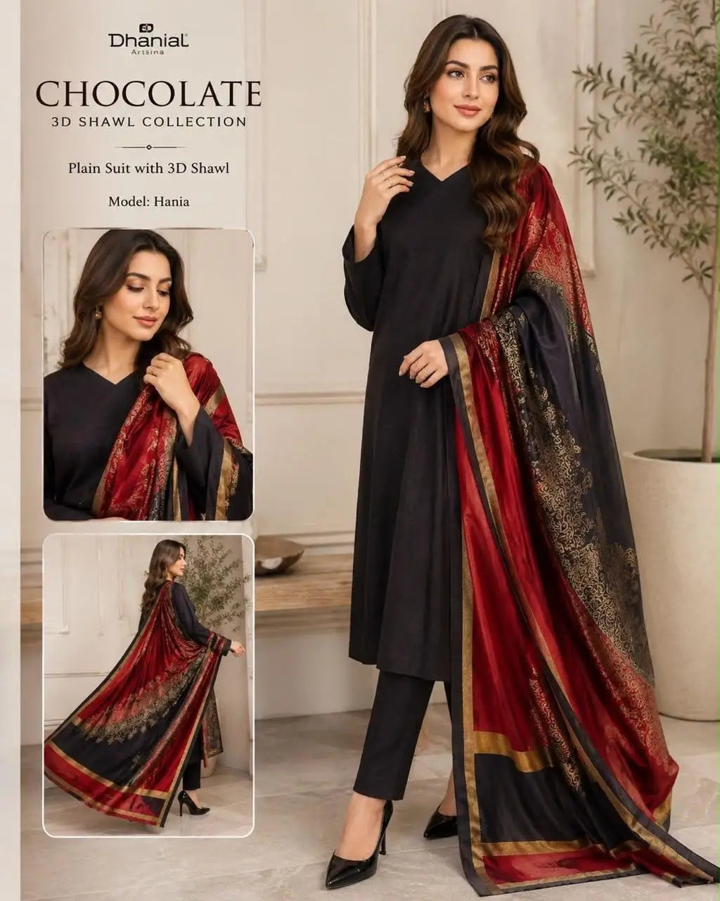 3-Piece Dhanak & Wool Shawl Suit — Coffee Brown