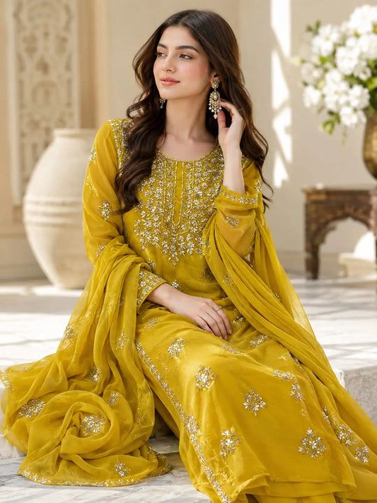Minni Mow — 2-Piece Luxury Unstitched Pure Chiffon Festive Handcrafted Gota Work Suit (Emerald Green)