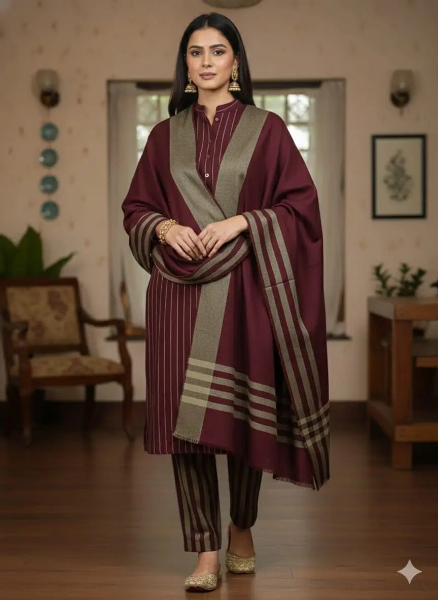 3-Piece Heavy Dhanak & Pashmina Shawl Suit — Crimson Maroon