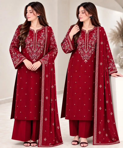 3-Piece Winter Dhanak Suit — Maroon Burgundy
