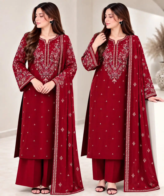3-Piece Winter Dhanak Suit — Maroon Burgundy