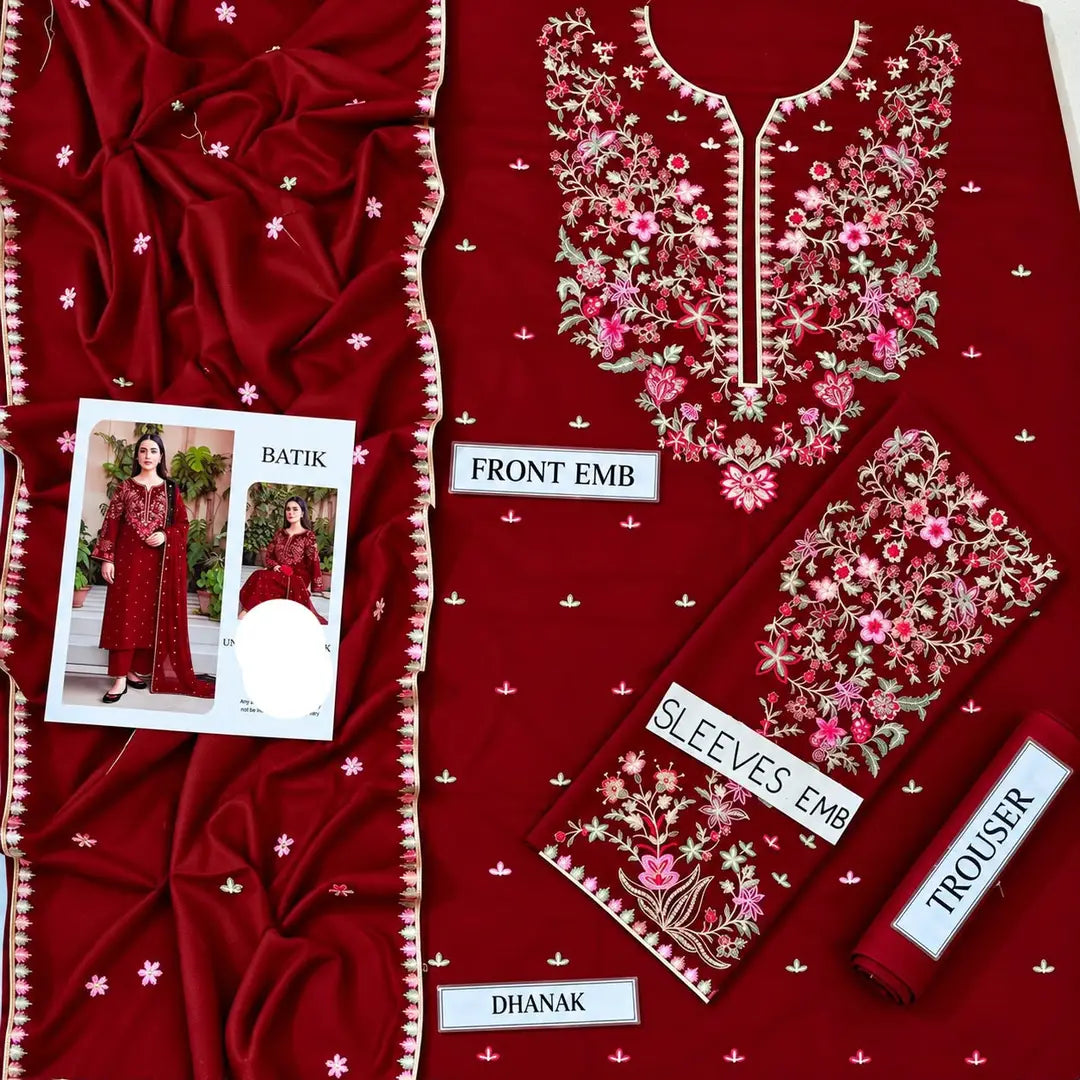 3-Piece Winter Dhanak Suit — Maroon Burgundy