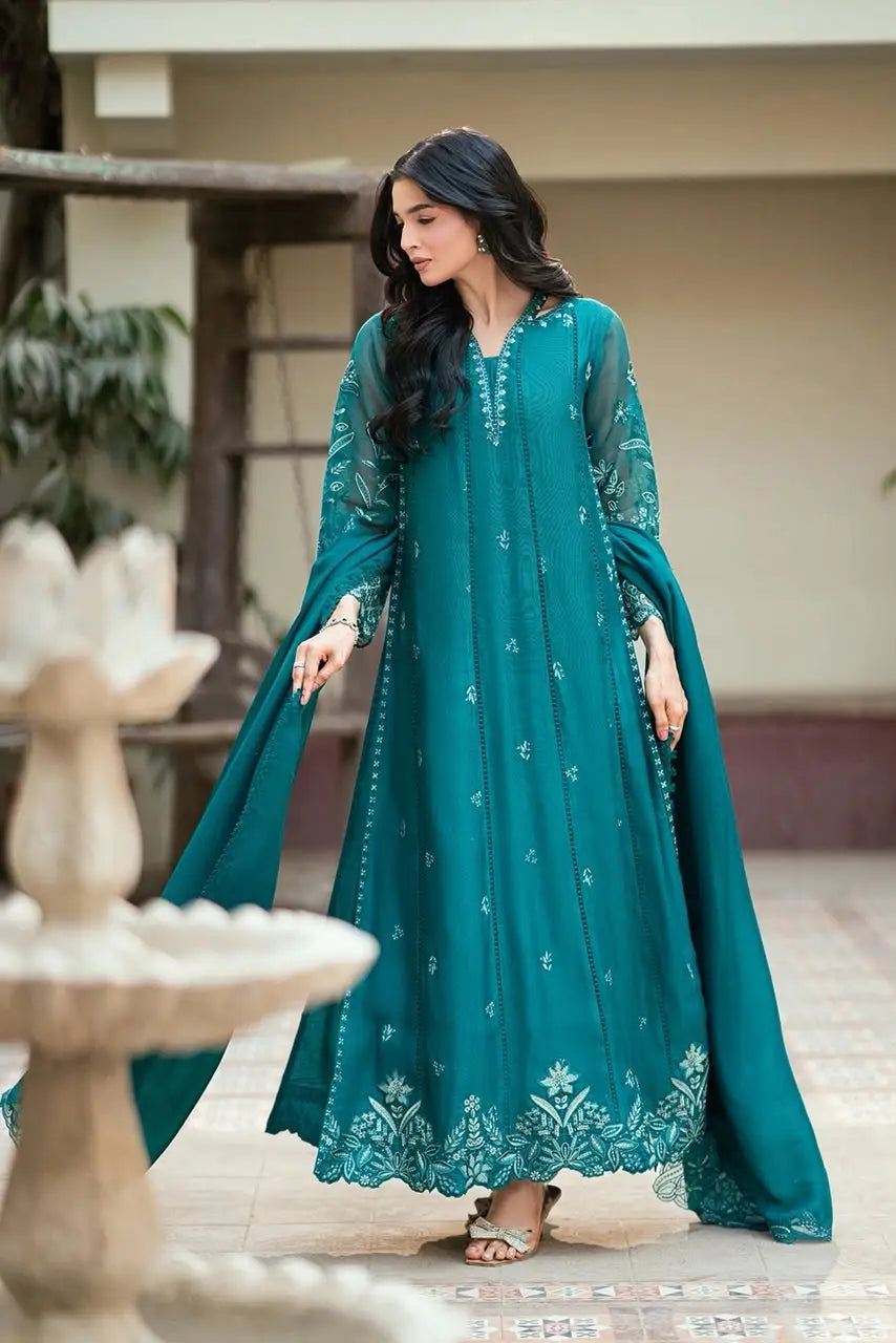 3-Piece Festive Chiffon Suit — Emerald Teal