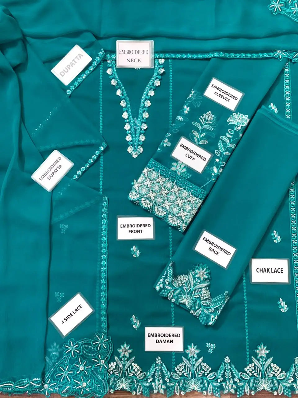 3-Piece Festive Chiffon Suit — Emerald Teal
