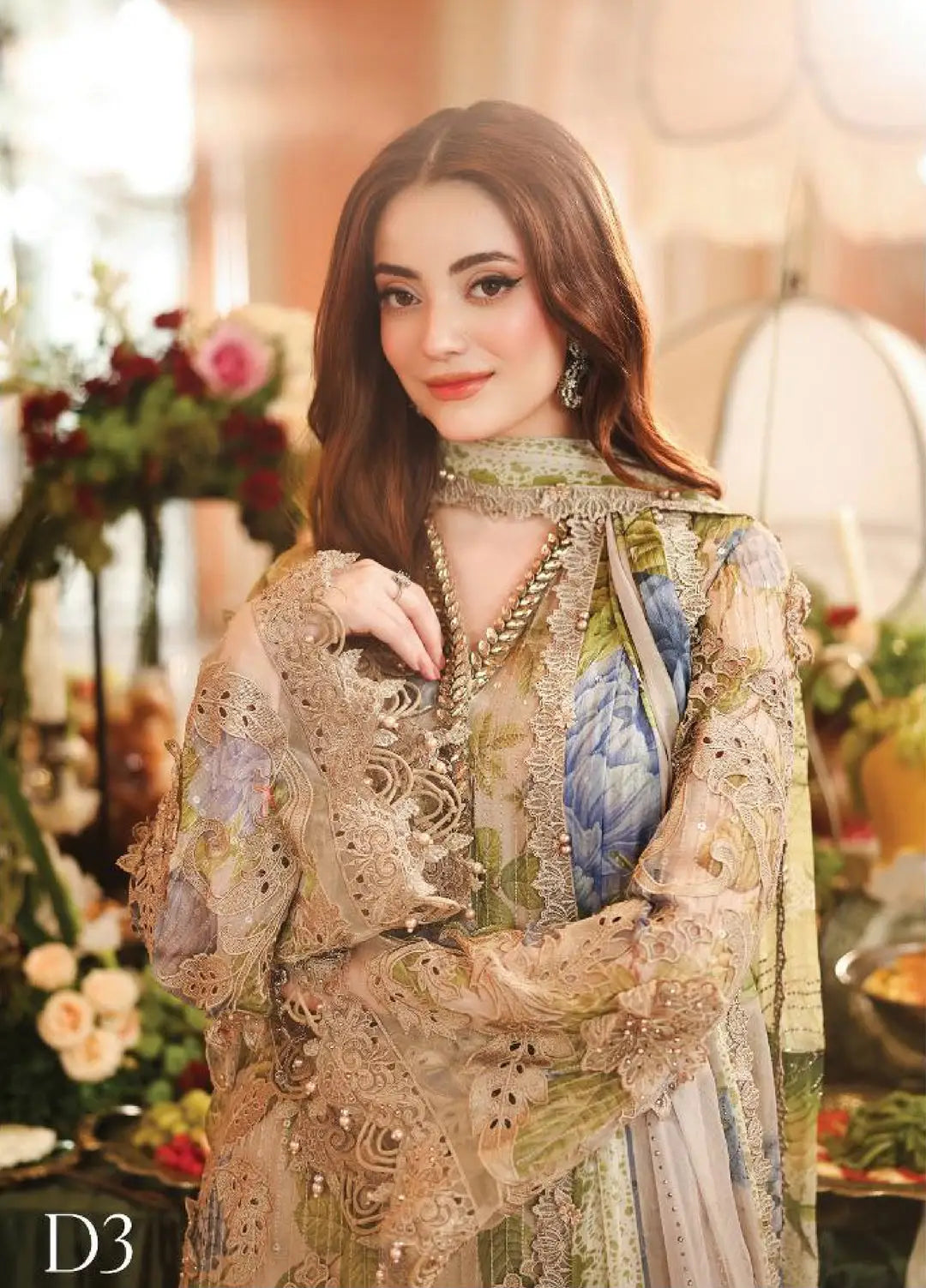 3-Piece Festive Chiffon Suit — Ivory Gold