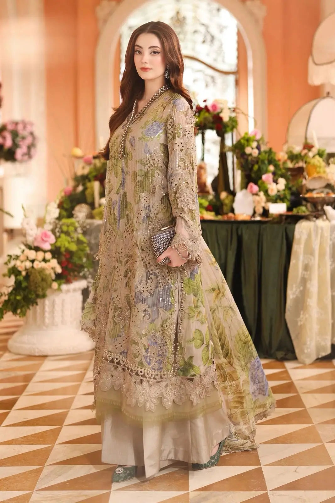 3-Piece Festive Chiffon Suit — Ivory Gold