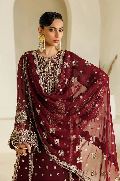 3-Piece Festive Chiffon Suit — Deep Maroon