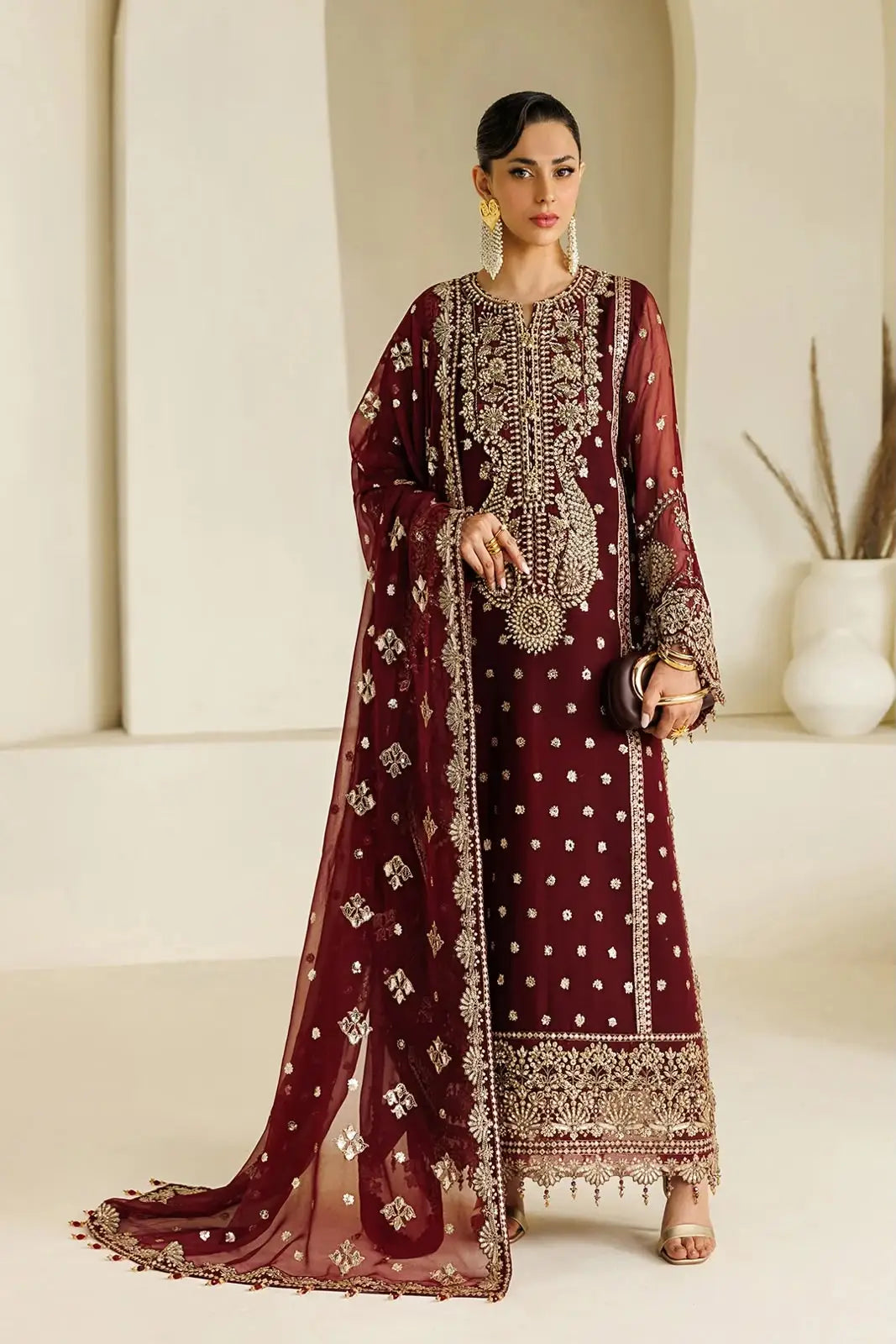 3-Piece Festive Chiffon Suit — Deep Maroon